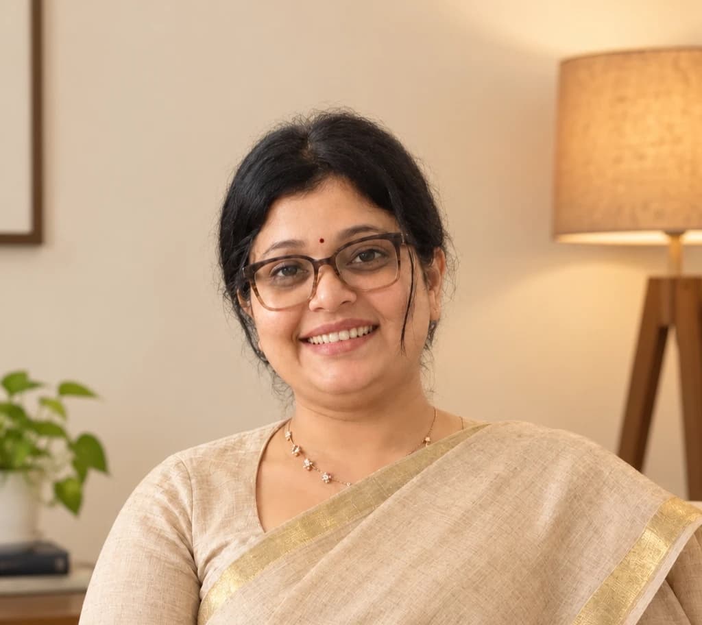 Swathi T P, Clinical Psychologist — smiling, in a cream and gold saree, in a warm lamp-lit room