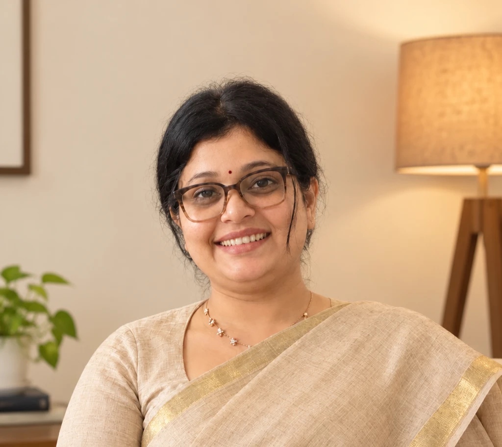 Swathi T P, Clinical Psychologist — smiling, in a cream and gold saree, in a warm lamp-lit room